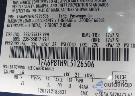 2020 Ford Mustang Ecoboost Fastback z USA, uszkodzony, nr VIN 1FA6P8TH9L5126506